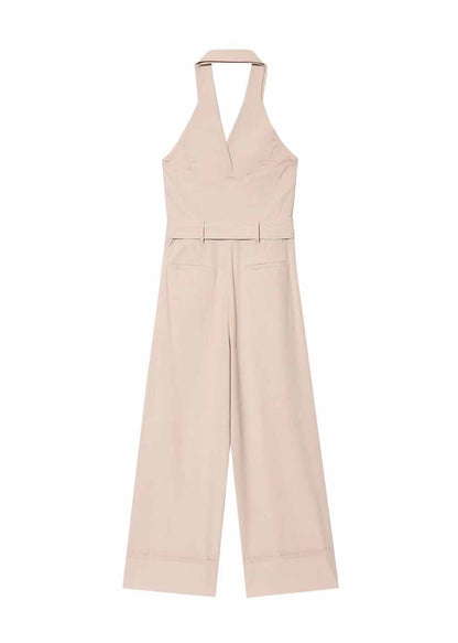 Beige Halter Pockets Cotton Jumpsuit Sleeveless
