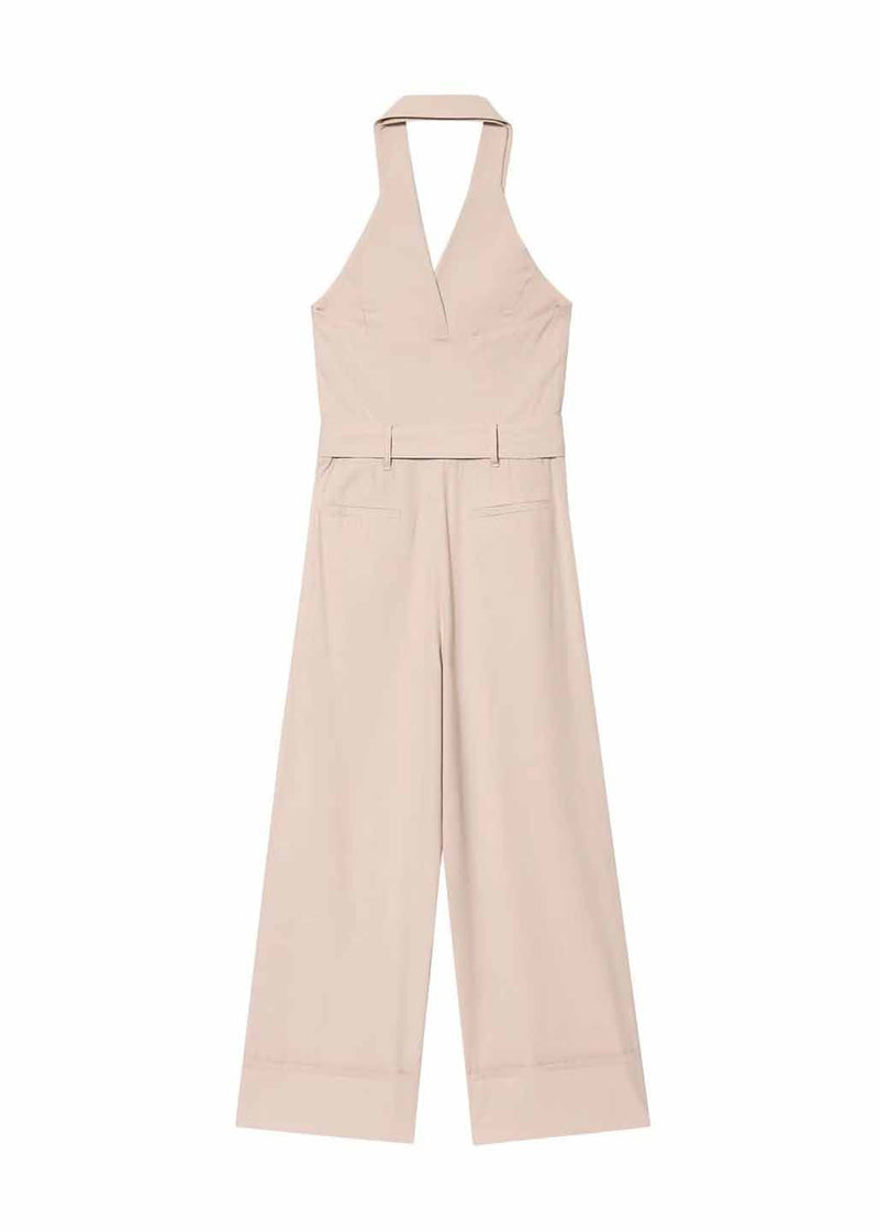 Beige Halter Pockets Cotton Jumpsuit Sleeveless