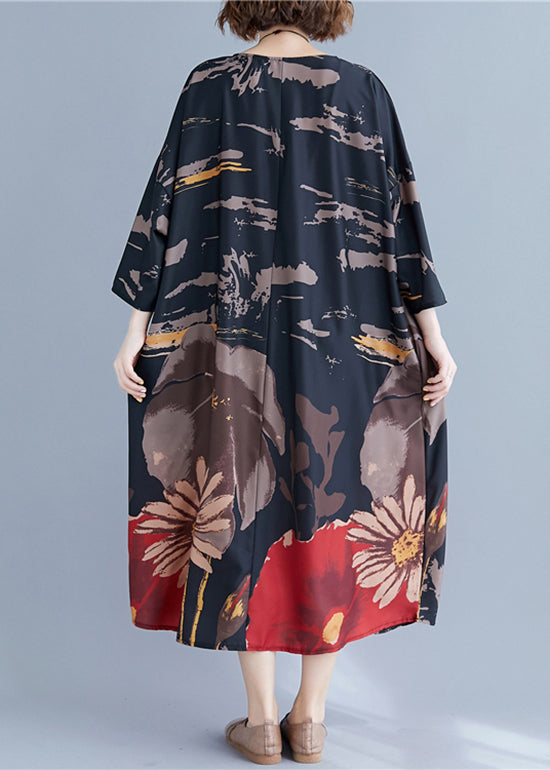 Loose Black O-neck Print Maxi Dress Long Sleeve