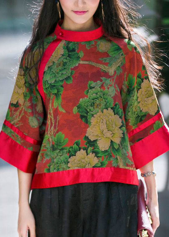 Red Button Stand Collar Print Silk Tops Half Sleeve