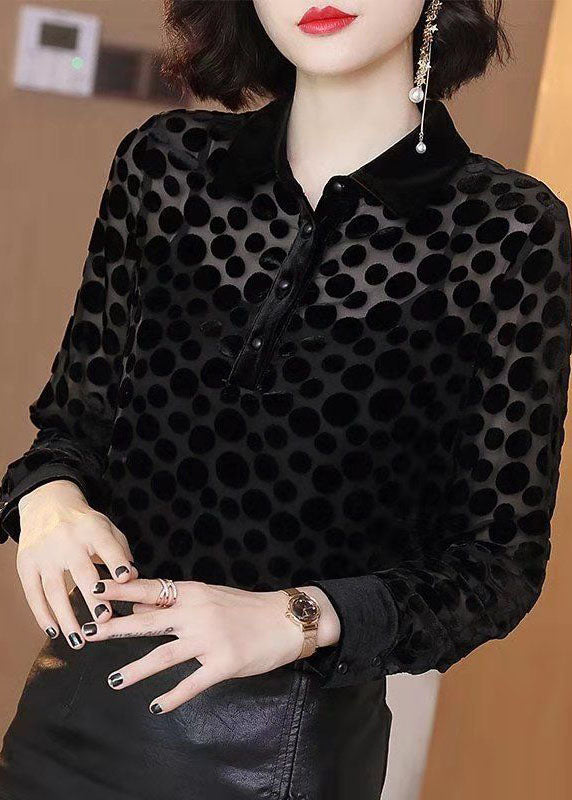 Black Peter Pan Collar Dot Hollow Out Silk Velour Shirt Tops Long Sleeve