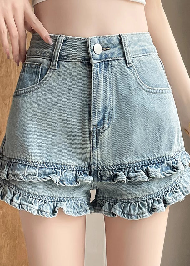 Blue Ruffled Patchwork Denim Shorts Summer