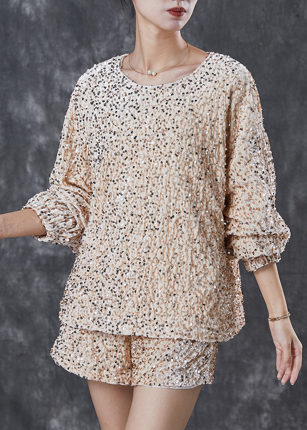 Handmade Khaki O-neck Sequins Silk Velour Two-piece Set Spring