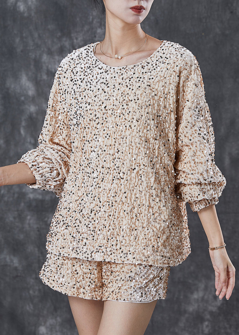 Handmade Khaki O-neck Sequins Silk Velour Two-piece Set Spring