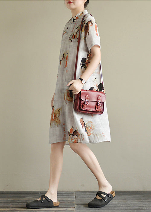 White Print Oriental Button Linen Dress Short Sleeve