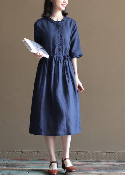 Tibetan Blue Drawstring Ruffled Button Linen Long Dress Half Sleeve