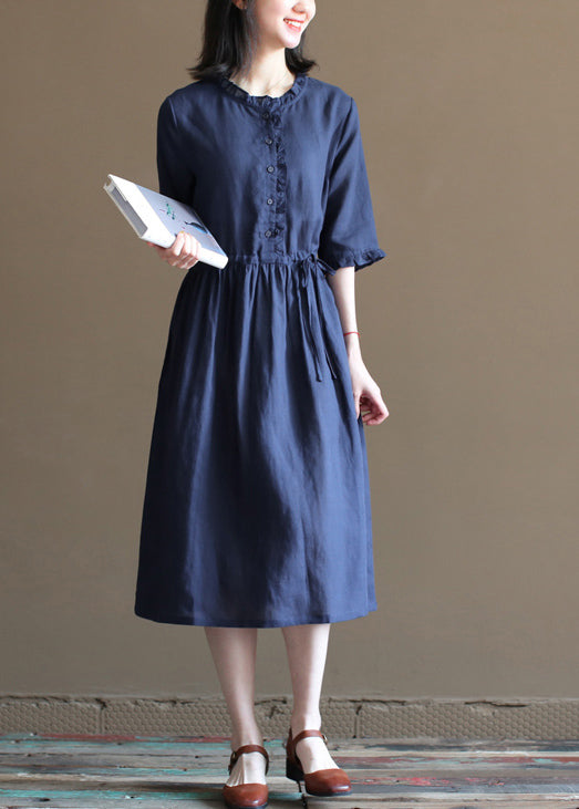 Tibetan Blue Drawstring Ruffled Button Linen Long Dress Half Sleeve