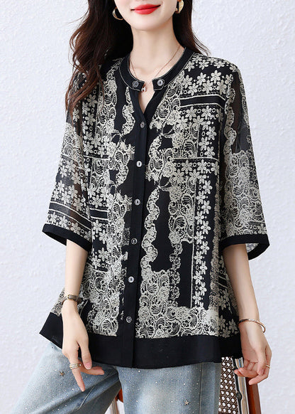 Black O-neck Print Button Shirts Fall