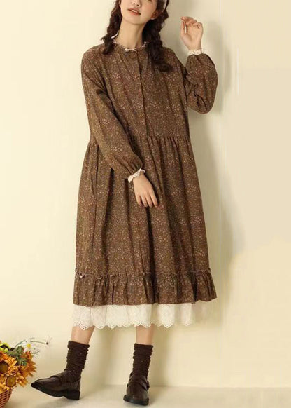 Coffee Ruffled Print Pockets Patchwork Cotton Long Dresses Fall