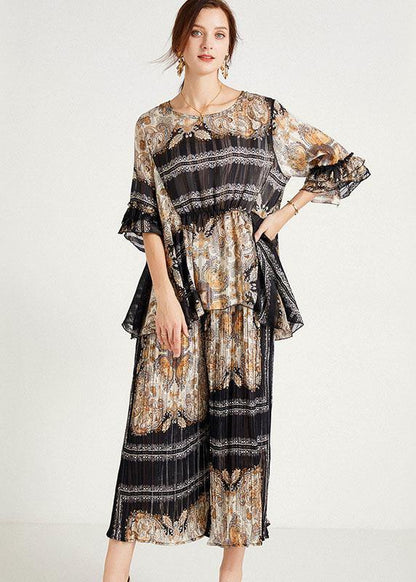 Black Print Apricot O-neck Top Wide Leg Summer Two Pieces Set