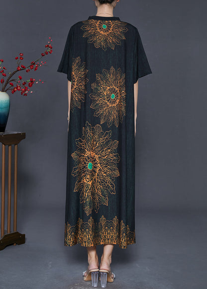Black V Neck Print Silk Long Dresses Summer