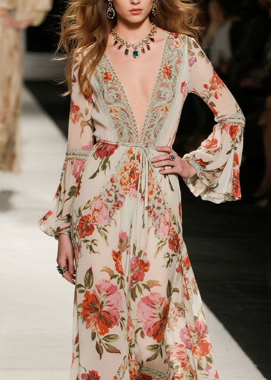 V Neck Print Loose Cotton Dresses Flare Sleeve