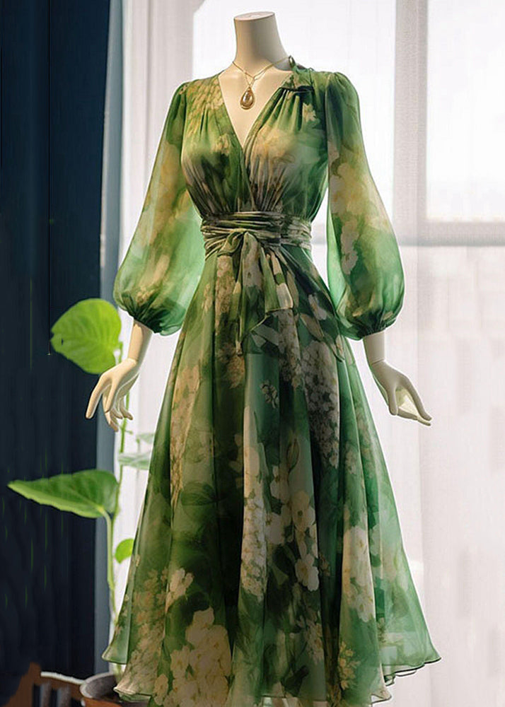 French Green V Neck Print High Waist Chiffon Dresses Long Sleeve Summer