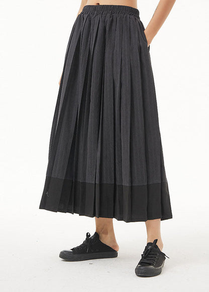 Dark Grey Elastic Waist Patchwork Pleated Skirt Spring