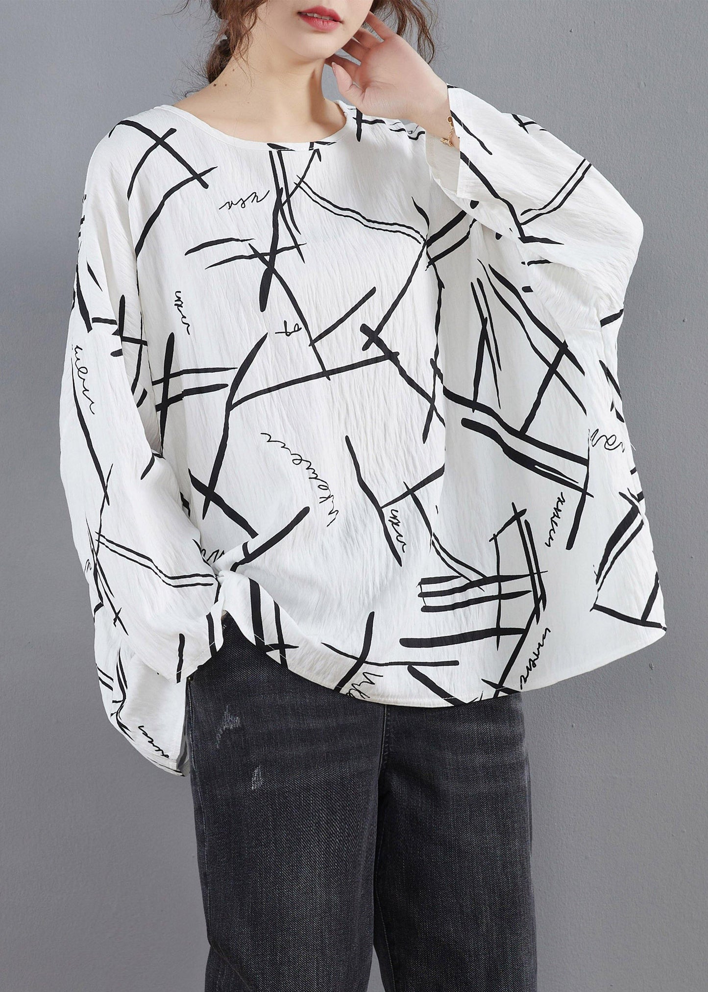 Simple O Neck Spring Design White Print Blouses