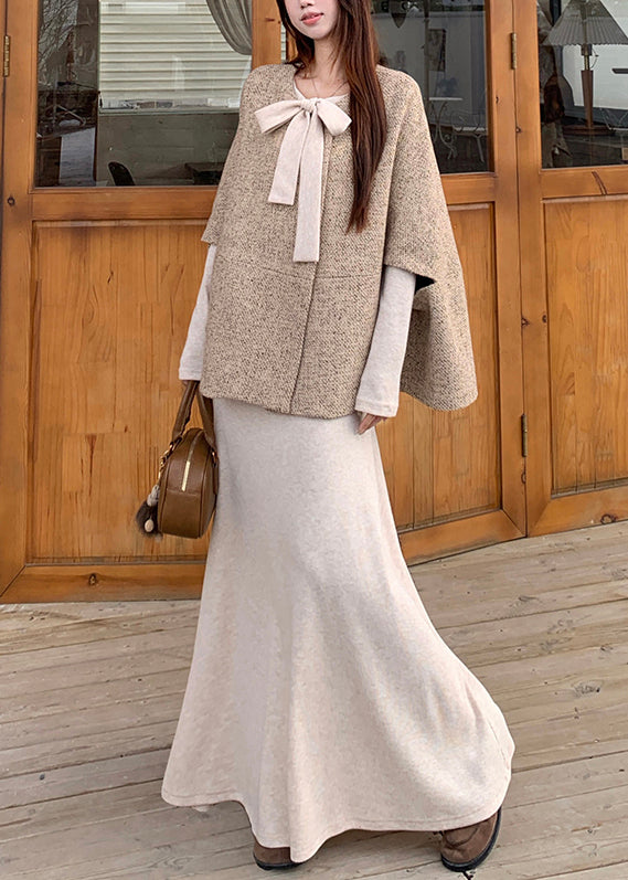 Original Oatmeal Bow Cape Coat and Dress Cotton Two Pieces Set Fall