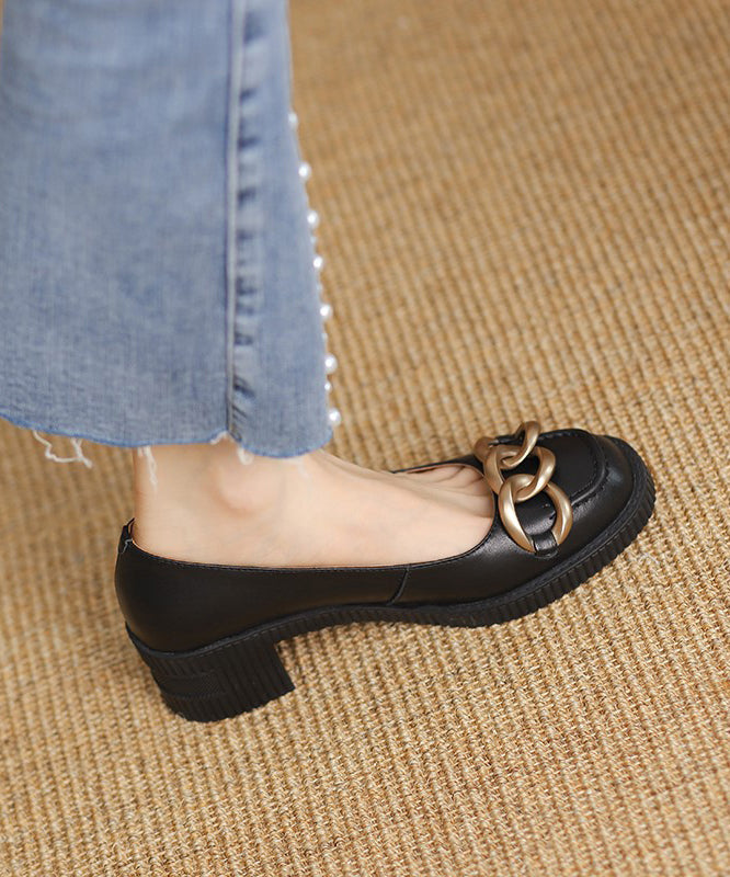 Faux Leather Beige Chain Linked Splicing Chunky Heel Penny Loafers