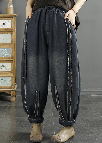 Diy Black Oversized Patchwork Warm Fleece Denim Harem Pants Winter