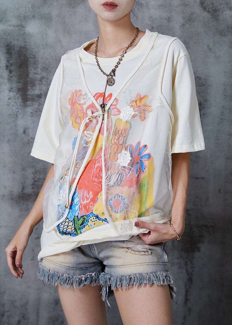 White Print Cotton Tanks and Vests Two Pieces Set Embroidered Summer