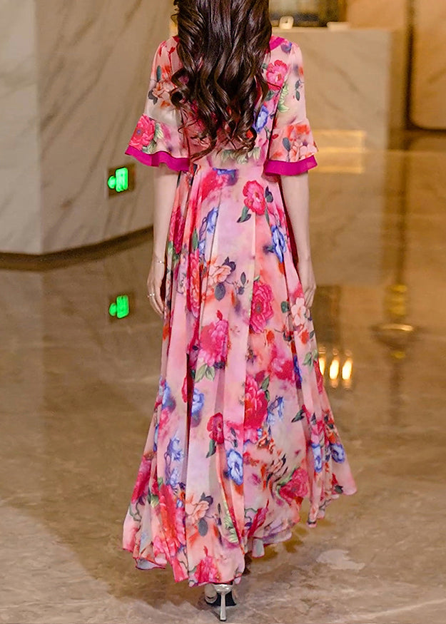 Pink Ruffled Print Chiffon Long Dress Summer