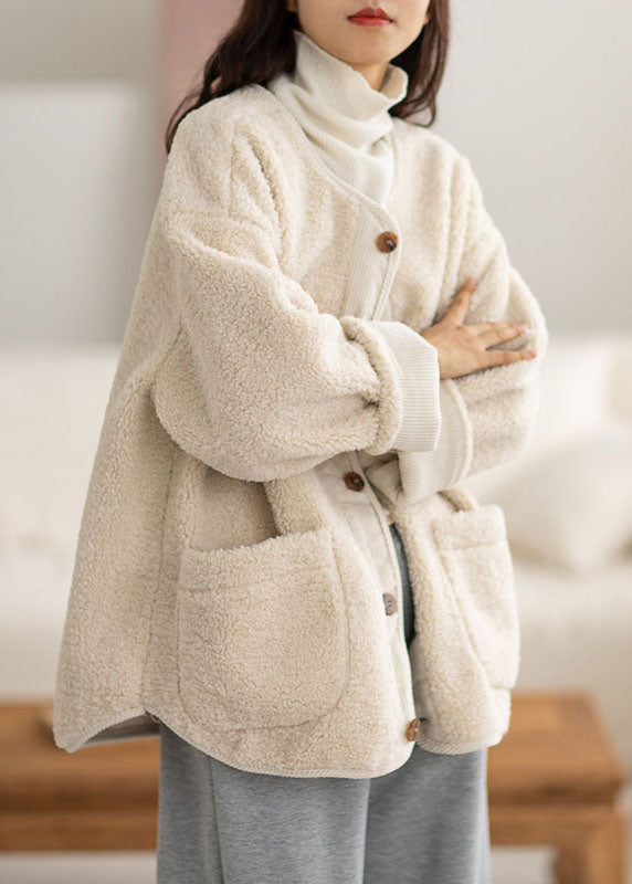Coffee O-neck Pockets Button Warm Faux Fur Coats Long Sleeve