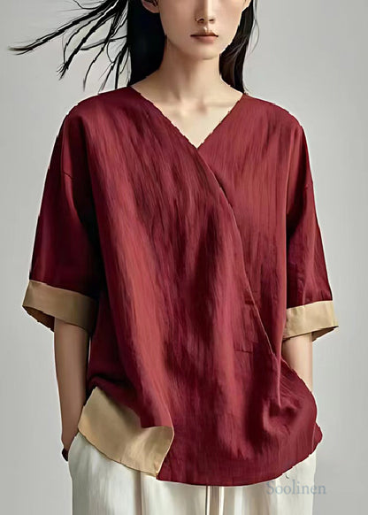 Dull Red Oversized Patchwork Linen Blouse Tops Summer