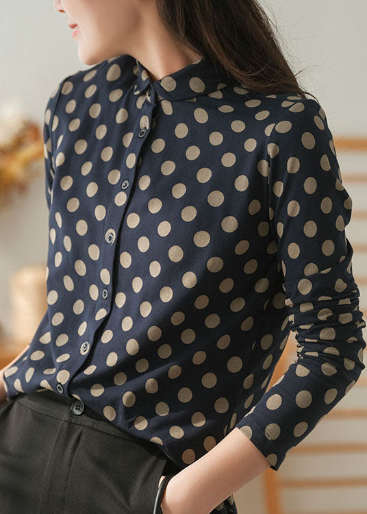 Navy Peter Pan Collar Dot Print Cotton Shirt Tops Fall