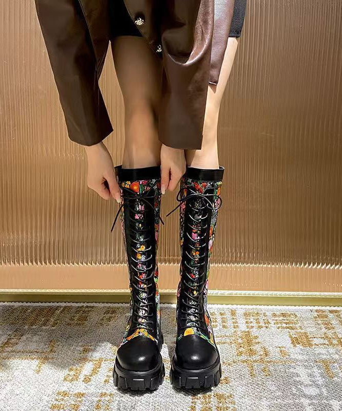 Black Embossed Splicing Platform Boots Lace Up
