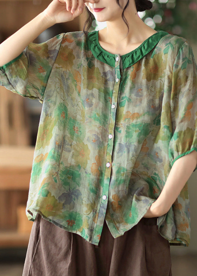 Green Ruffled Print Ramie Top Half Sleeve