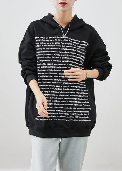 Fine Black Hooded Letter Print Cotton Sweatshirt Fall