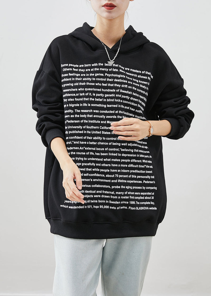Fine Black Hooded Letter Print Cotton Sweatshirt Fall
