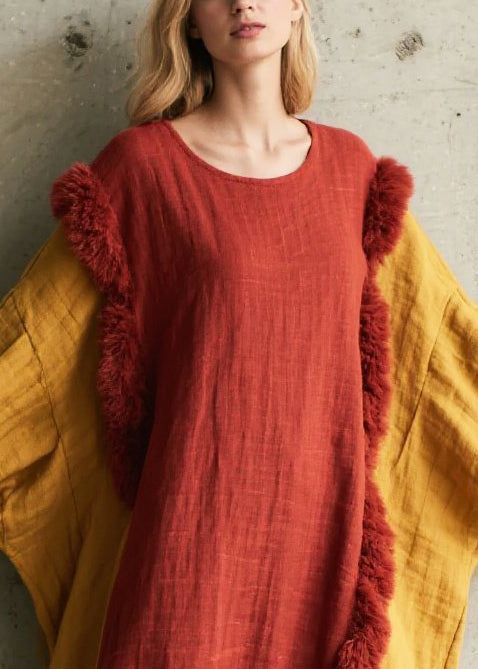 Organic Colorblock Oversized Patchwork Faux Fur Long Dresses Batwing Sleeve