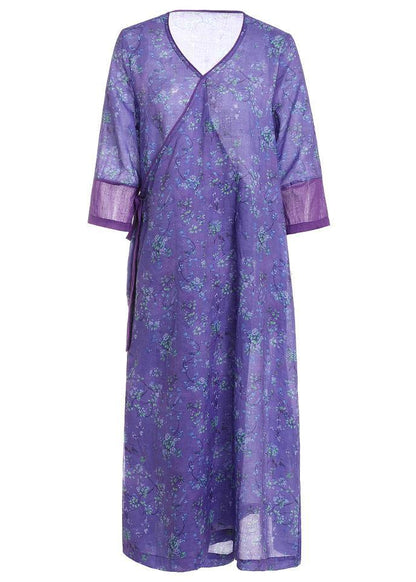 Simple Purple Patchwork Tie Waist Print Summer Ramie Vacation Dress