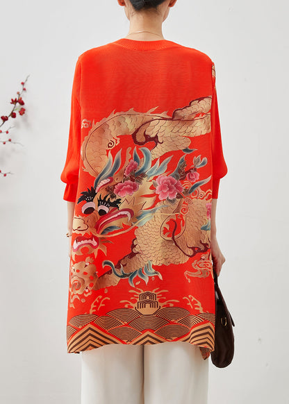 Red Dragon Print Cotton Short Dress Spring