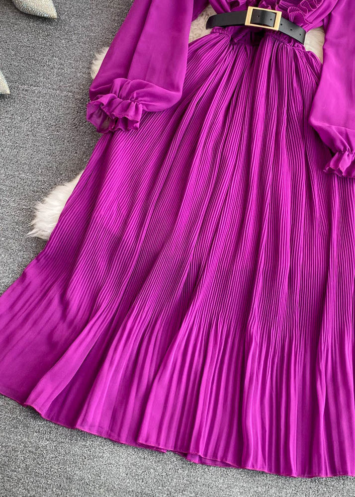 Purple V Neck Ruffled Tunic Sashes Maxi Dress Puff Sleeve