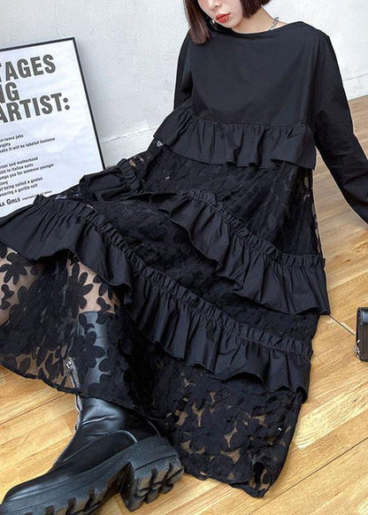 Black Ruffles Pockets Fall Lace Dresses