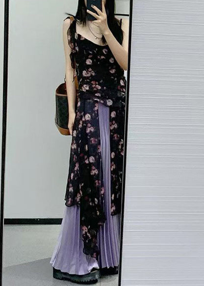 Black Ruffled Print Chiffon Two-piece Set Sleeveless