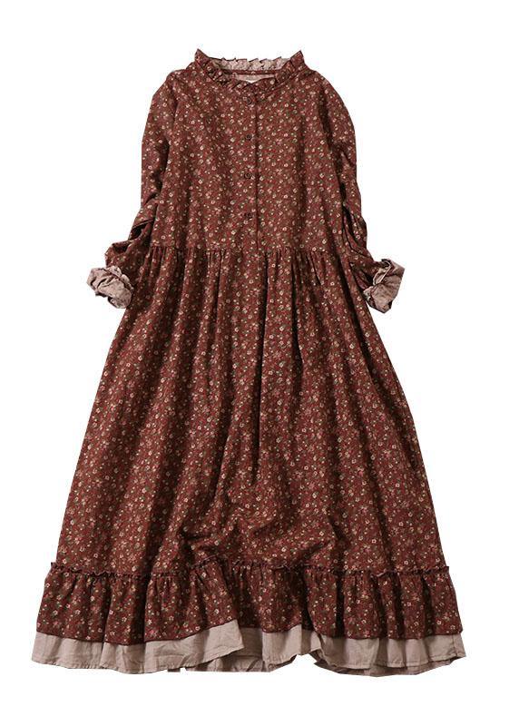 Grey Ruffles Ruffled Patchwork Fall Print Long Dresses Long Sleeve