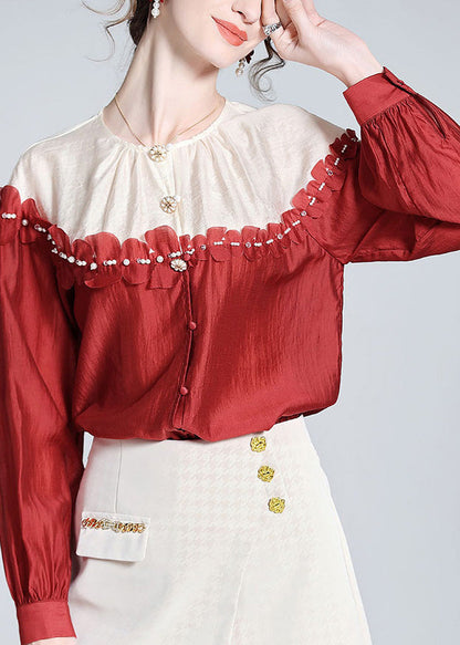 Red O-neck Patchwork Button Silk Shirt Long Sleeve