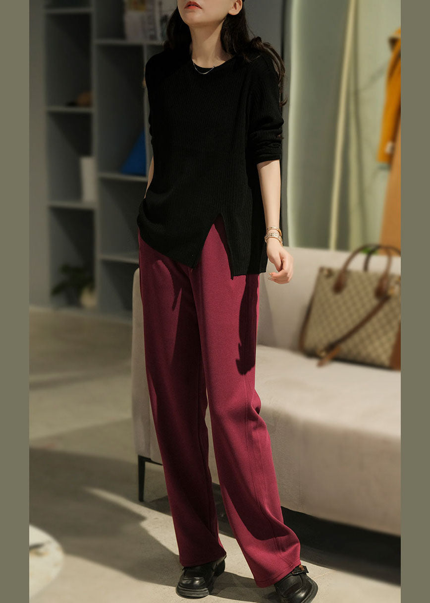 Red Elastic Waist Pockets Cotton Pants Fall