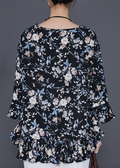 Black Oversized Print Chiffon Blouses Summer