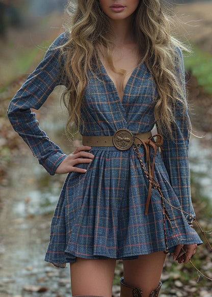 V Neck Plaid Wrinkled Cotton Dress Long Sleeve