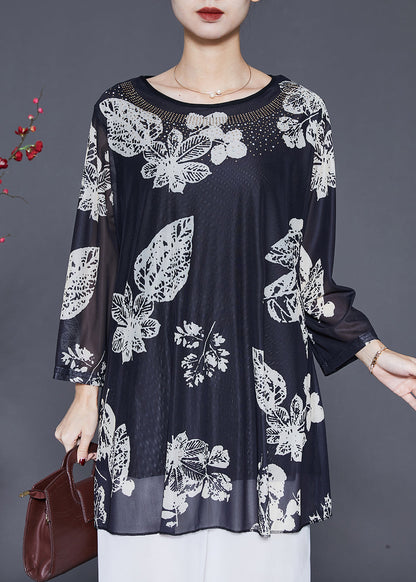 Black Oversized Print Silk Shirts Spring