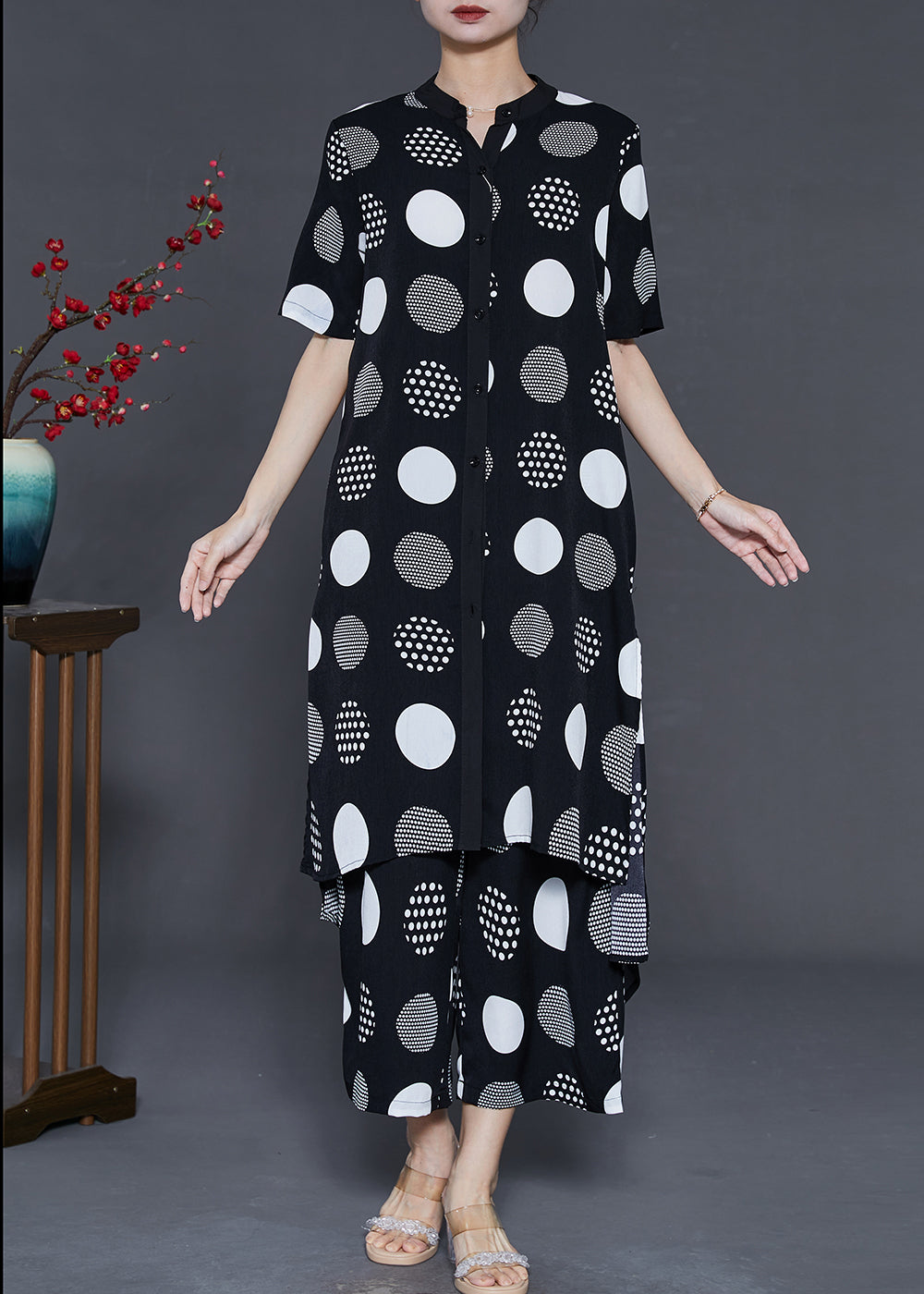 Black Print Draping Chiffon Two Pieces Set Summer