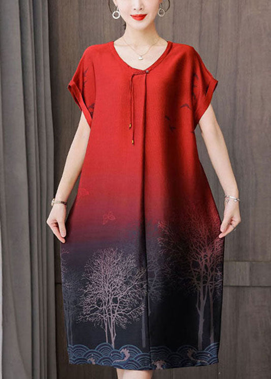 Red Gradient Color O-neck Tassel Print Silk Dresses Short Sleeve