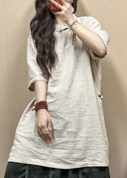 Pink Stand Collar Side Open Linen Blouses Half Sleeve