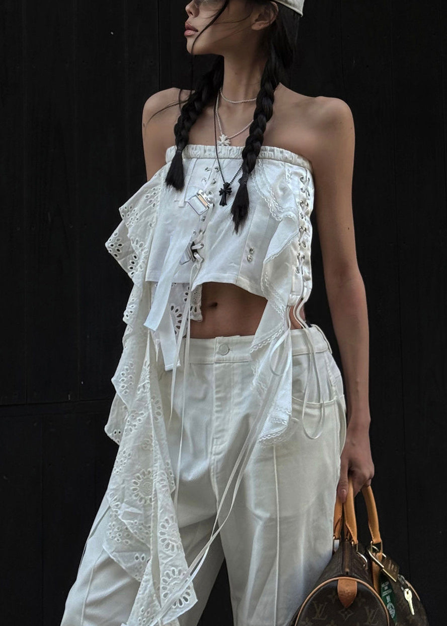 White Asymmetrical Hollow Out Cotton Tank Sleeveless