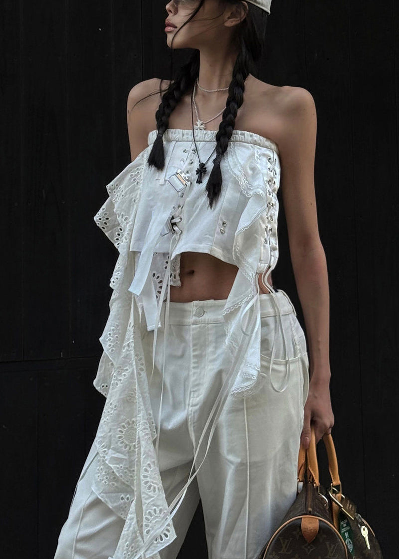 White Asymmetrical Hollow Out Cotton Tank Sleeveless