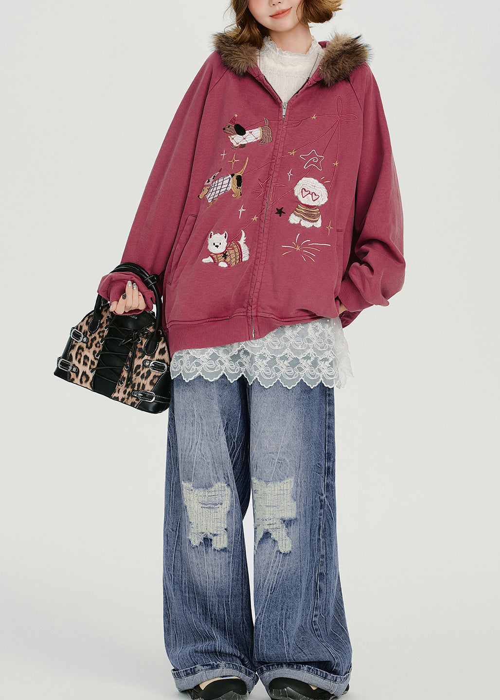 Rose Embroidered Cotton Hooded Coat Spring