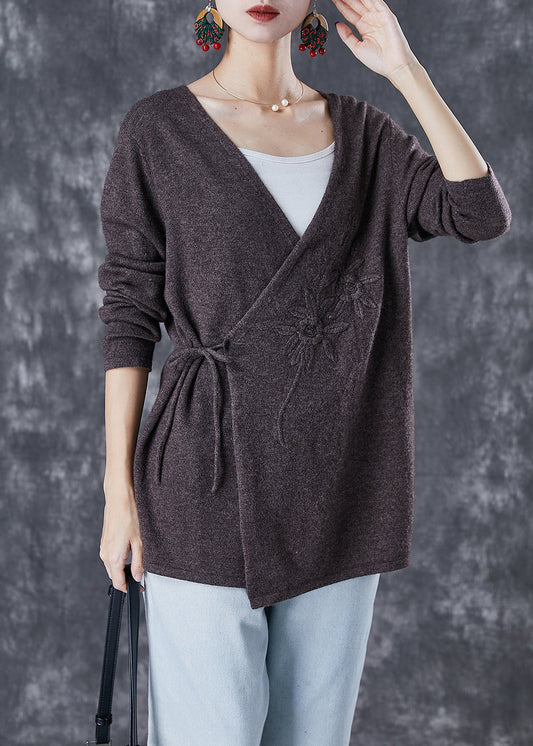 Chocolate Wool Knit Cardigan Embroideried Tie Waist Winter